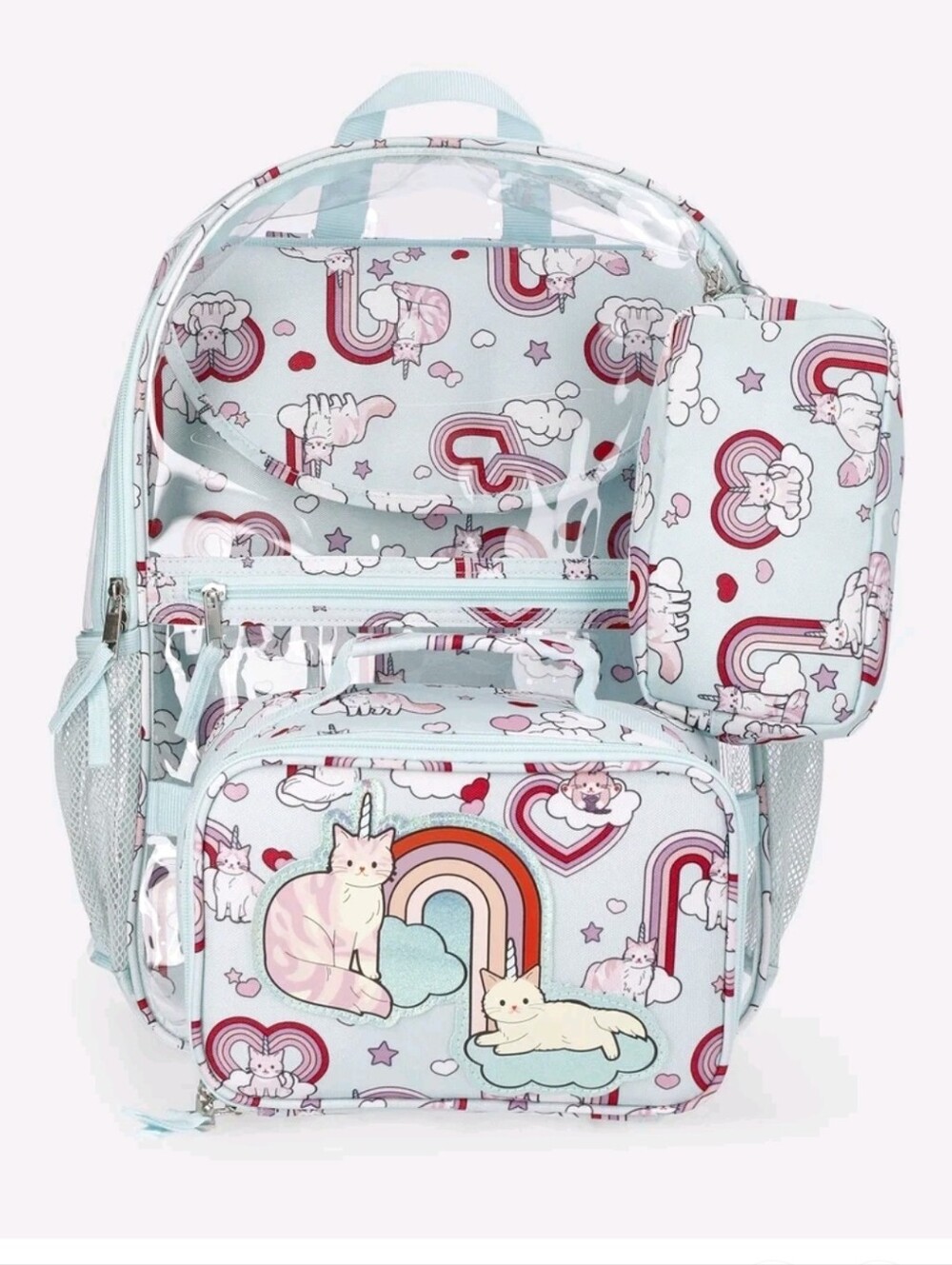 wonder nation Pastel Unicorn Cat Clear Backpack Set - Light Aqua Pink Red